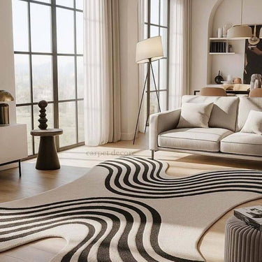 Handmade Abstract Wool Rug – Black & White Modern Wave Design