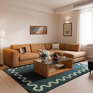 WaveBorder Wool Rug – Elegant Curved Frame Hand-Tufted Carpet
