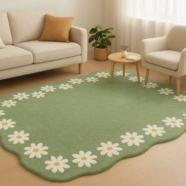 Daisy Bloom Wool Rug – Soft Green Floral Charm