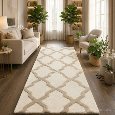 Ivory Lattice Hand Tufted Wool Runner Carpet & Rug