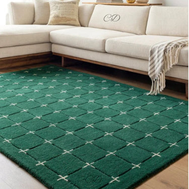 Emerald Grid Wool Rug – Hand-Tufted Modern Checkered Carpet