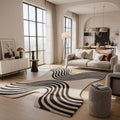 Handmade Abstract Wool Rug – Black & White Modern Wave Design
