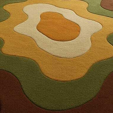 Handmade Retro Abstract Wool Rug – Brown, Green & Mustard Layered Design