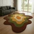 Handmade Retro Abstract Wool Rug – Brown, Green & Mustard Layered Design