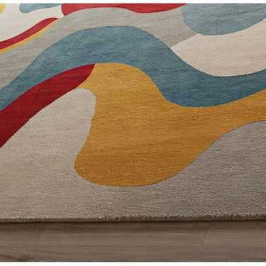 Handmade Modern Abstract Wool Rug – Red, Yellow & Blue Artistic Design