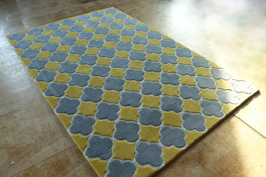 Grey And Yellow Contemporary Hand Made Geometric Carpet